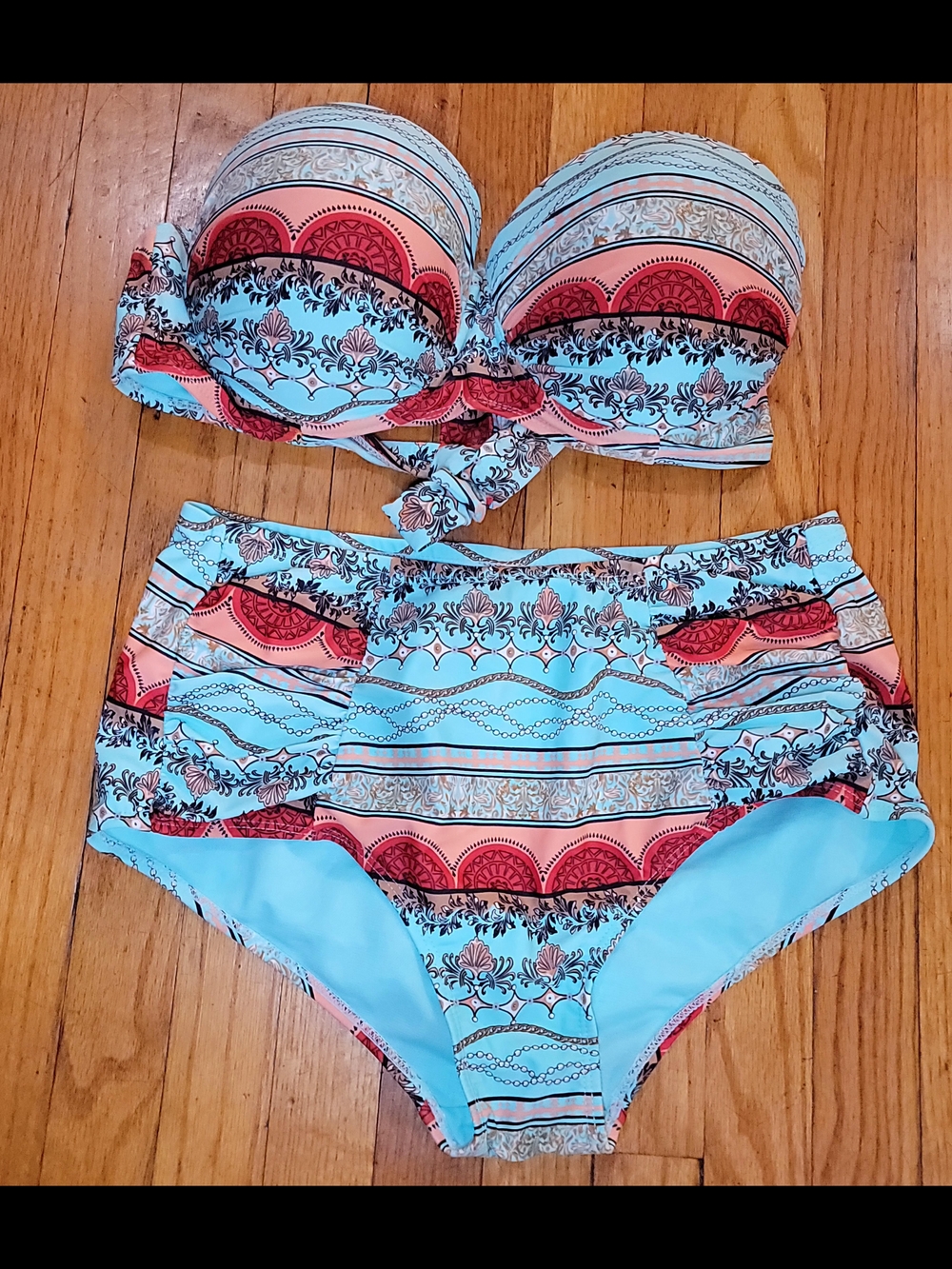 TiniBikini Coral and Aqua Patterned High-Waist Bikini